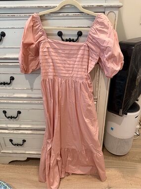 Girls' Puff-Sleeve Square-Neck Pink Cotton Dress